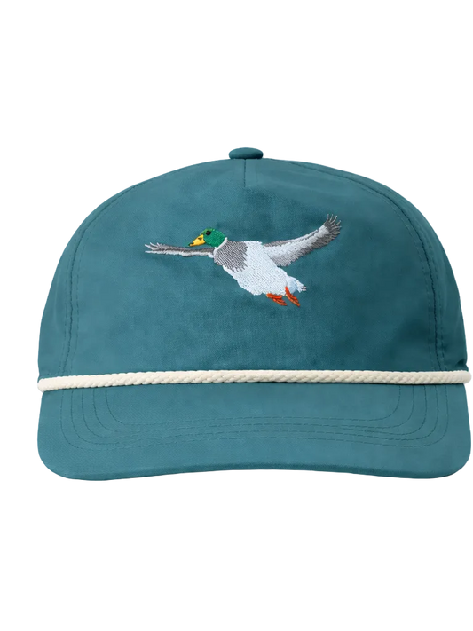 Teal cap with a duck design on a white background