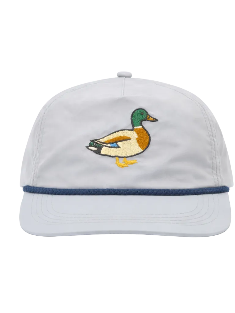 White cap with a duck design on a white background