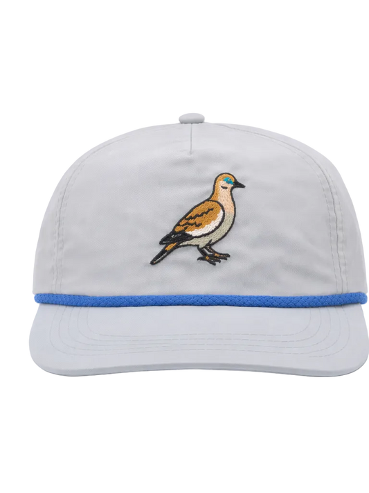 Gray cap with a bird emblem and blue band on a white background