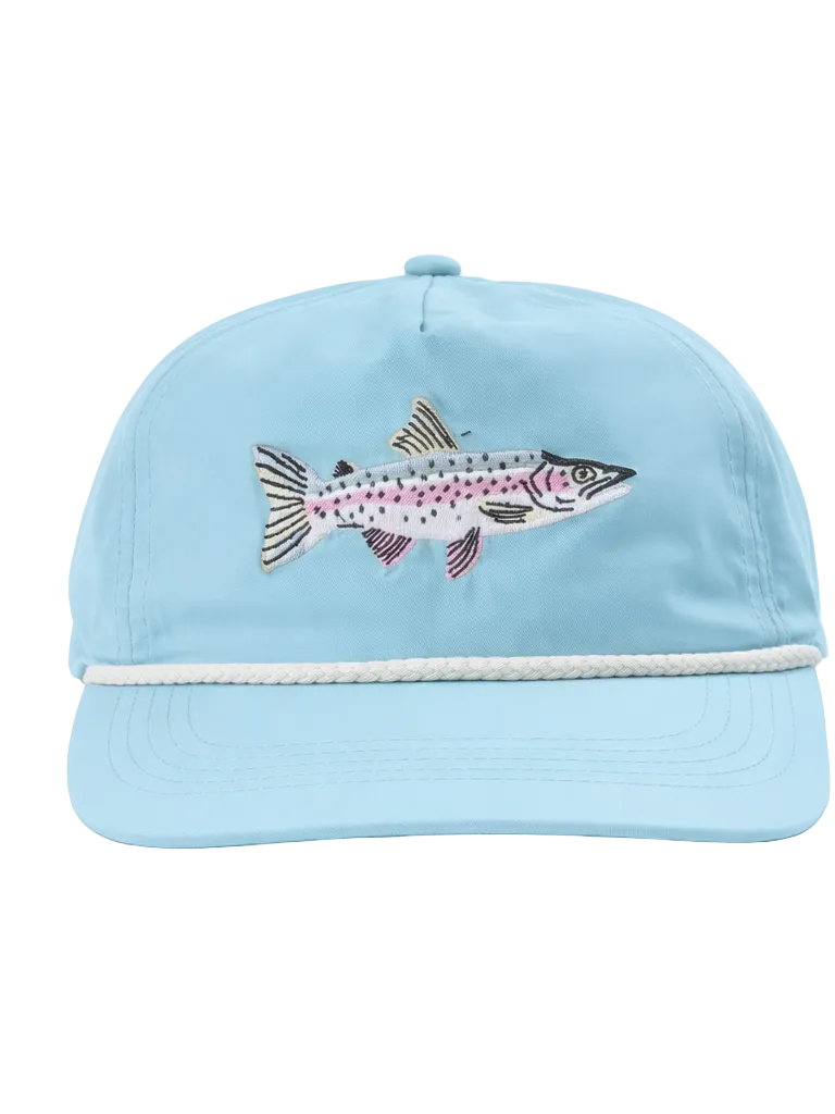 Light blue cap with fish design on a white background