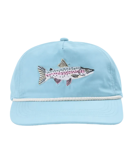 Light blue cap with fish design on a white background