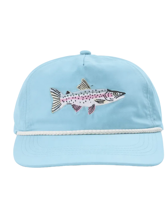 Light blue cap with fish design on a white background