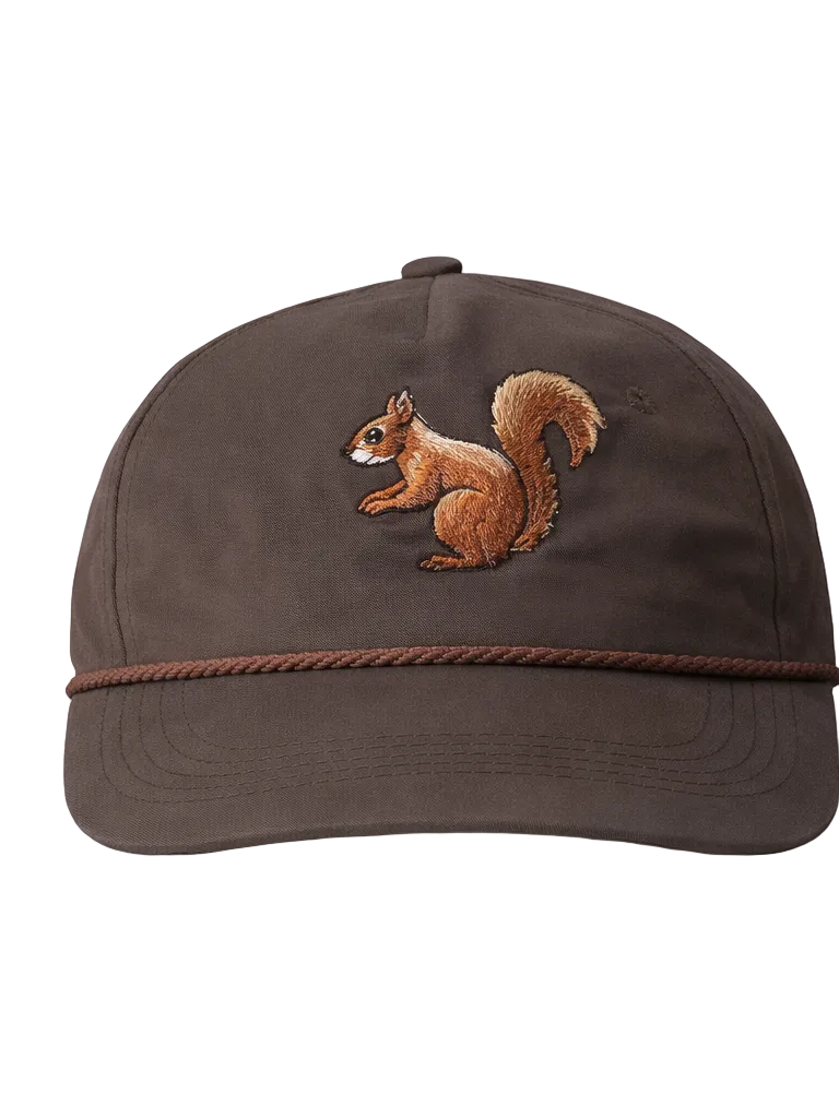 Brown cap with a squirrel emblem on a white background