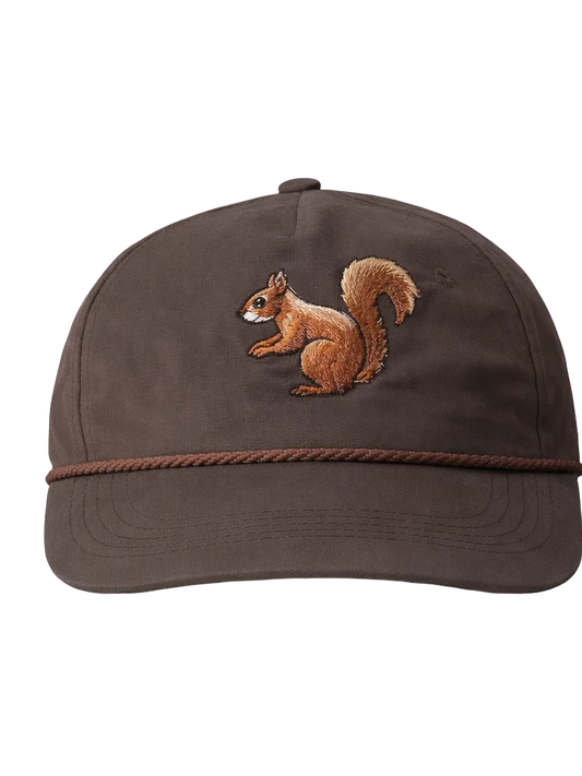 Brown cap with a squirrel emblem on a white background