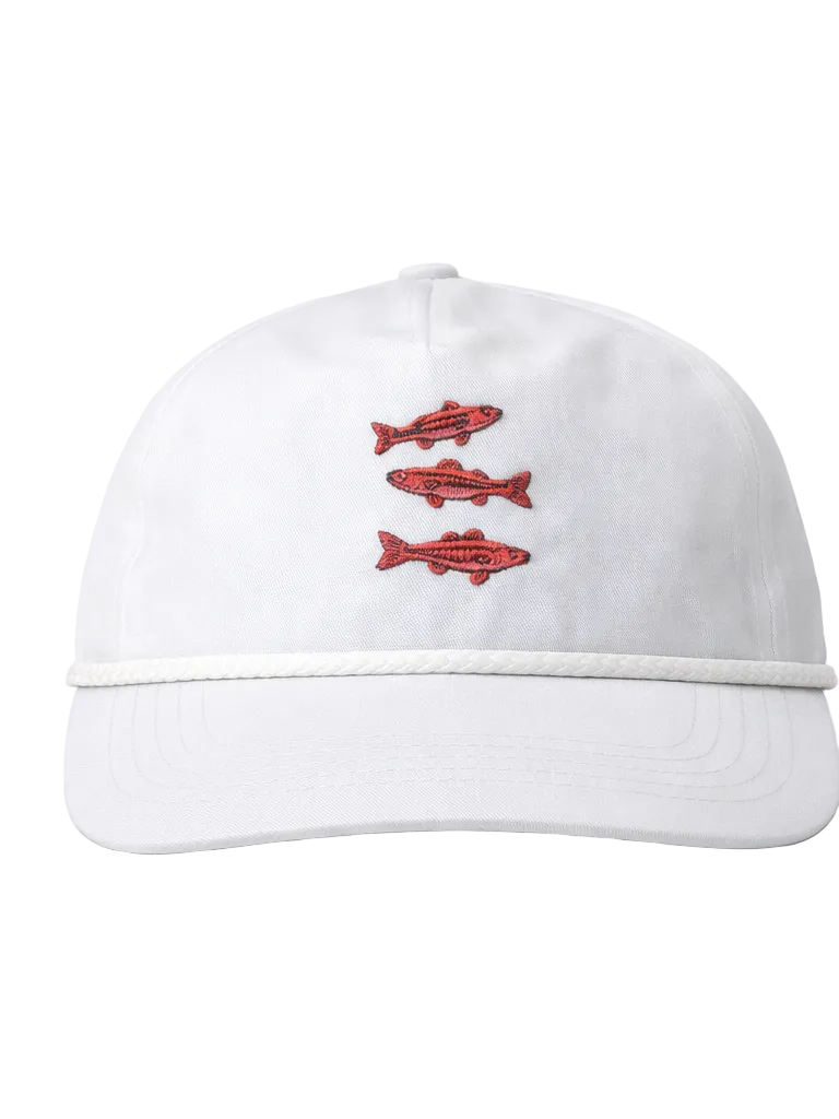 White cap with red fish embroidery on a white background