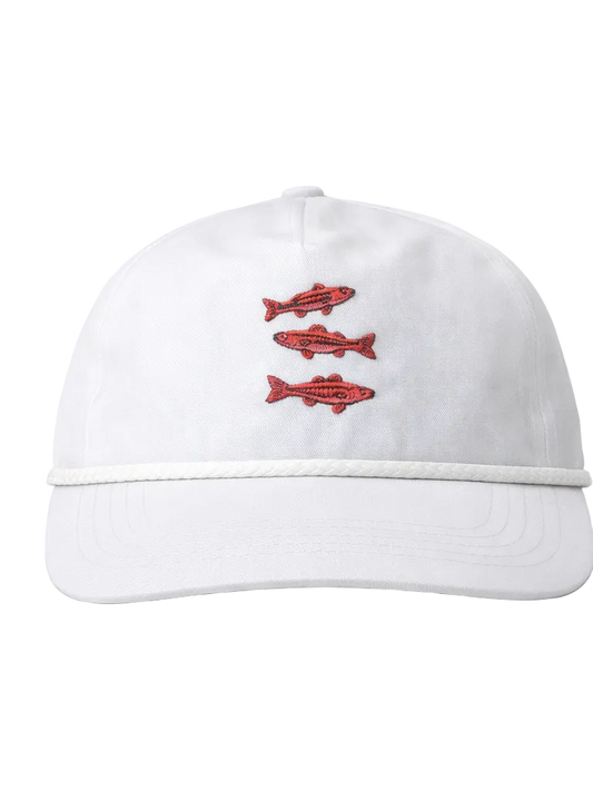 White cap with red fish embroidery on a white background